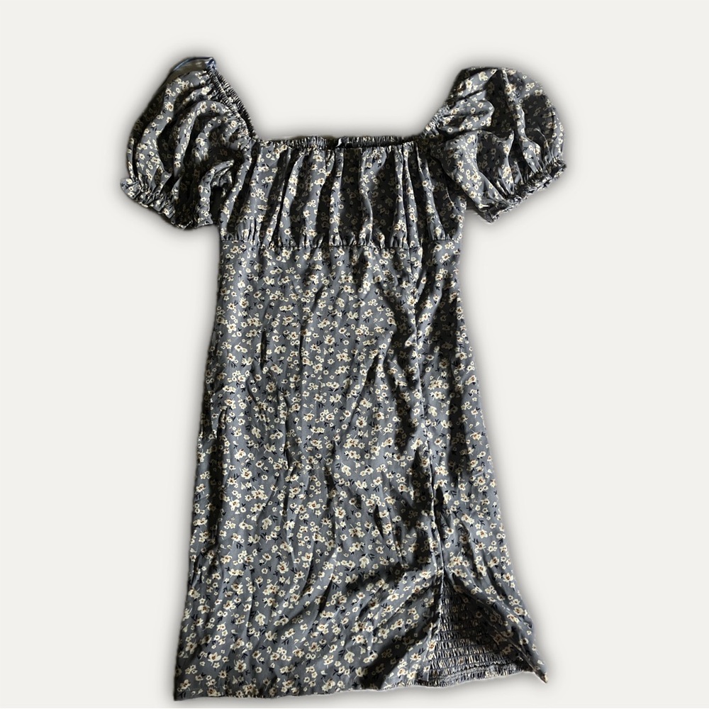 Floral Puff Sleeve Women’s Dress - Blue and White